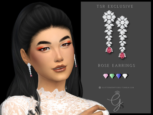 Sims 4 — Rose Earrings by Glitterberryfly — A diamond drop earring with a feature gem.