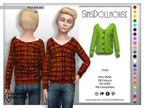 Sims 4 — Ryan Sweater (Child) by SimsDollhouse — Autumn / fall wool sweater in 28 patterns and plain colours with a white