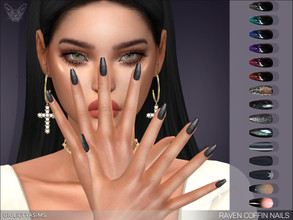 Sims 4 — Raven Coffin Shaped Nails by feyona — Coffin-shaped nails with 15 various swatches in black color for Halloween.