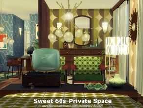 Sims 4 — Sweet 60s-Private Space by dasie22 — This mid-century open space features a few areas: an office, three bedrooms