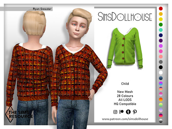 Sims 4 — Ryan Sweater (Child) by SimsDollhouse — Autumn / fall wool sweater in 28 patterns and plain colours with a white