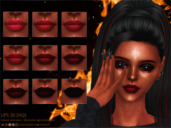 Sims 4 — Lipstick 20 (HQ) by Caroll912 — A 9-swatch matte lipstick in shades of red, brown and black. Lipstick is suited