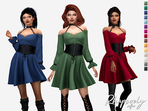 Sims 4 — Rhapsody Dress by Sifix2 — A witchy off-shoulder dress with a black corset belt available in 15 colors for teen,