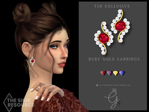 Sims 4 — Ruby Gold Earring by Glitterberryfly — Matching earrings to the engagement ring, featuring a ruby stone. Also