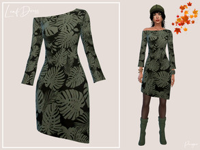 Sims 4 — LeafDress by Paogae — Dress with leaf print on a black background, one swatch, slightly asymmetrical, cute in
