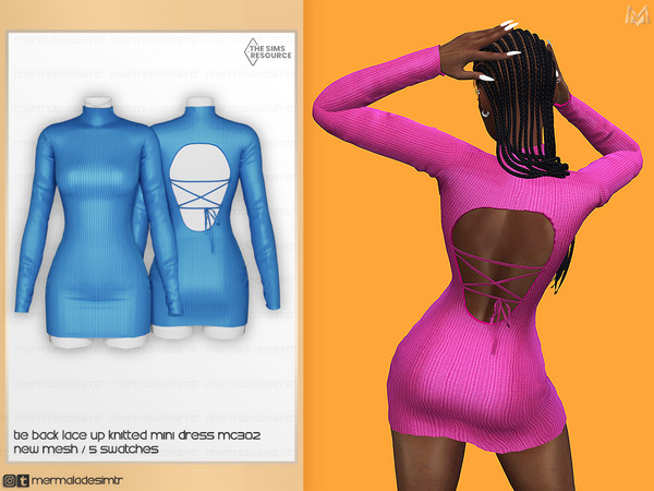 Sims 4 — Tie Back Lace Up Knitted Mini Dress MC302 by Mermalade — New Mesh 5 Swatches All Lods Teen to Elder For Female