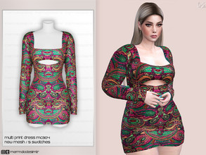 Sims 4 — Multi Print Dress by mermaladesimtr — New Mesh 5 Swatches All Lods Teen to Elder For Female