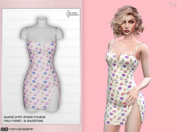 Sims 4 — Sweet Print Dress MC303 by Mermalade — New Mesh 5 Swatches All Lods Teen to Elder For Female