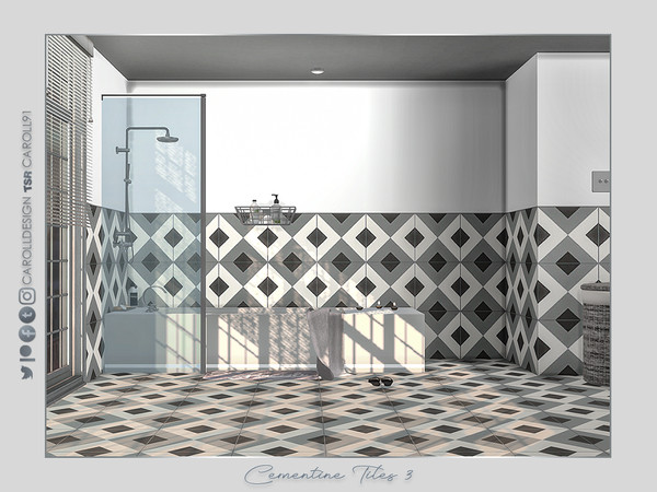 Sims 4 — Cementine Tiles 3 by Caroll912 — A 4-swatch tile wall with geometric design in shades of grey, brown and beige.