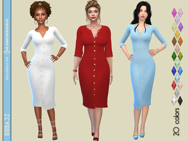 Sims 4 — Buttons Midi Dress by Birba32 — Medium length dress with golden buttons, in 20 colors. You will find it in short
