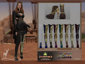 Sims 4 — STEAMPUNKED _ CATATUMBO BOOTS by DanSimsFantasy — Asymmetrical steampunk style boots, exhibits metallic
