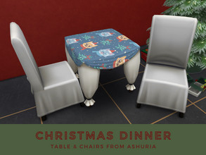 Sims 4 — Christmas Dinner by Ashuria — Dining table with 8 swatches and white dining chair.