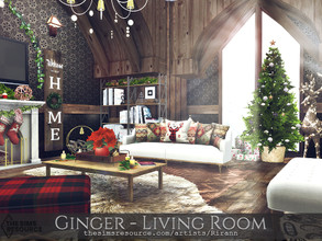 Sims 4 — Ginger - Living Room - TSR CC Only by Rirann — Ginger is a cozy Christmas living room and dining room in brown,