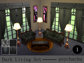 Sims 4 — Dark Living Set by Psychachu — Includes: Long Sofa (3 seater), Short Sofa (3 seater), Coffee Table. 4 dark,