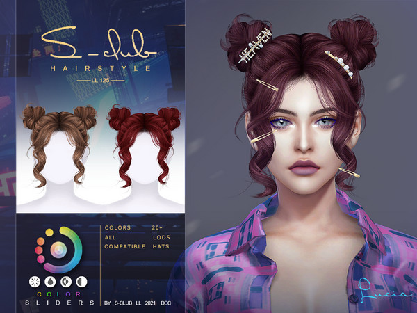 Sims 4 — Short hair with double buns(Lucia) by S-Club — Short hair with double buns for female adult, it includ 20 colors