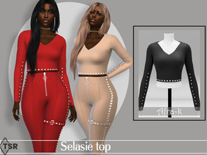Sims 4 — Selasie studded top by akaysims — Long sleeve top with buttons on the sleeve and diamond studs. Comes in 15