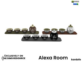 Sims 4 — Alexa Room_Bowls by kardofe — Wooden tray with bowls and sugar bowl, decorated with japanese characters, in