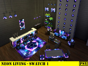 Sims 4 — Neon Living by Psychachu — 16 Items Included: - Sofa - Armchair - Lights (Long) - Lights (Medium) - Lights