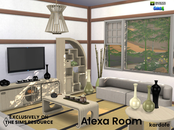Sims 4 — Alexa Room by kardofe — Japandi style living room with two bookcases, sideboard, sofa, armchair, coffee table,