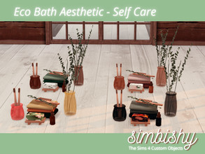 Sims 4 — Eco Bath Aesthetic - Self Care by simbishy — *This is a spread of self care items - toothbrushes, towels, soap,