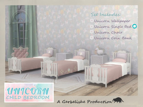 Sims 4 — Unicorn Child Bedroom by Garbelishe — Set Includes Unicorns Wallpaper, Unicorn Single Bed, Unicorn Chair and