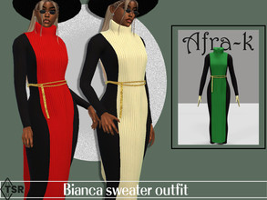Sims 4 — Bianca turtleneck sweater outfit by akaysims — Slit turtleneck sweater sleeveless dress with waist chain worn on