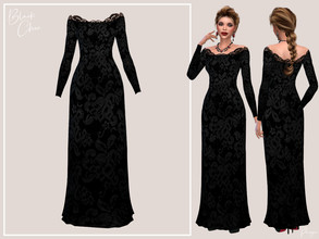 Sims 4 — BlackChic by Paogae — Long lace dress, black, elegant, bare shoulders framed by a lace border. Standalone with