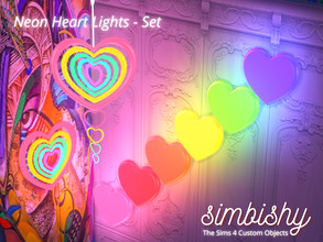Sims 4 — Neon Heart Lights Set by simbishy — This is a set of 3 heart-shaped lights for a vivid, colorful experience! -