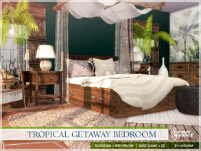 Sims 4 — Tropical Getaway Bedroom /TSR CC only/ by Lhonna — Large, comfortable bedroom and bathroom in rich tropical