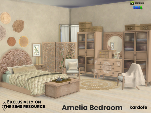 Sims 4 — Amelia Bedroom by kardofe — Bedroom with natural wood furniture and textiles made of fibres and light colours,
