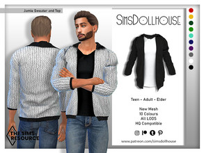 Sims 4 — Jamie Sweater and Top by SimsDollhouse — Wool sweater with leather trims over a cotton shirt in 10 colours. - HQ
