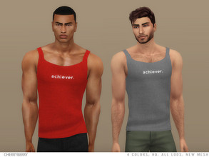 Sims 4 — Achiever - Men's Tank Top by CherryBerrySim — Sporty tank top with achiever. graphic design for male sims. 