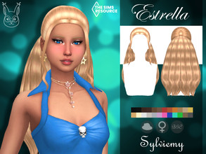 Sims 4 — Estrella Hairstyle by Sylviemy — Long wavy hair New Mesh Maxis Match All Lods Base Game Compatible Hat
