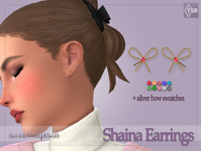 Sims 4 — Shaina Earrings by SunflowerPetalsCC — A pair of bow shaped earrings with a gemstone in the middle. 20 swatches;