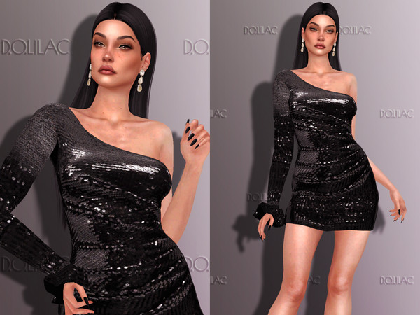 Sims 4 — One Shoulder Sequinned Mini Dress DO283 by DOLilac — Custom thumbnail New Mesh 10 Colors Adult-Elder-Teen-Young