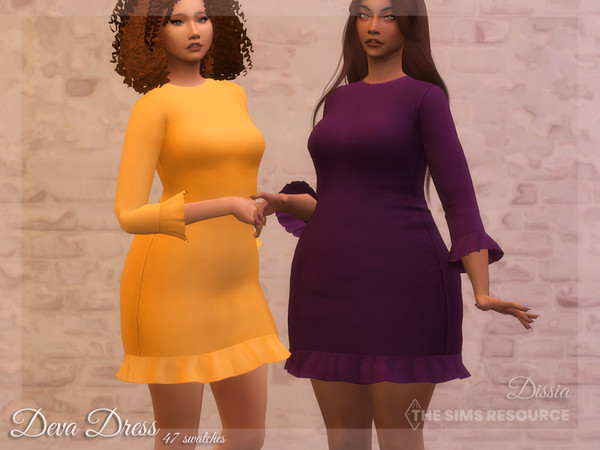 Sims 4 — Deva Dress by Dissia — Short dress with ruffles on dress bottom and mid length sleeves Available in 47 swatches
