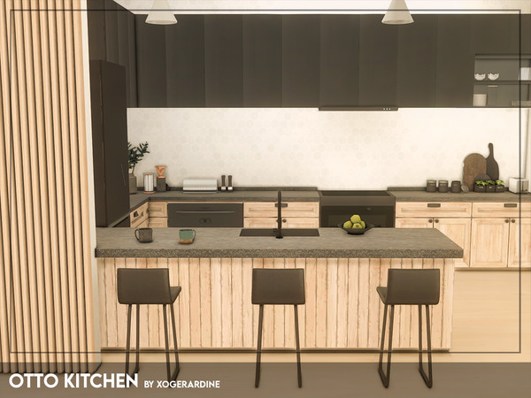 Sims 4 — Otto Kitchen (TSR only CC) by xogerardine — Light wood tone with black makes a modern, sleek kitchen!