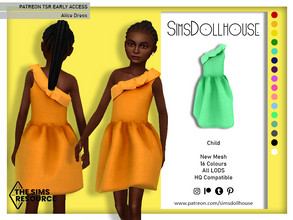 Sims 4 — [Patreon] Alice Dress by SimsDollhouse — Colourful short dress with a one shoulder ruffle in 16 colours. - HQ