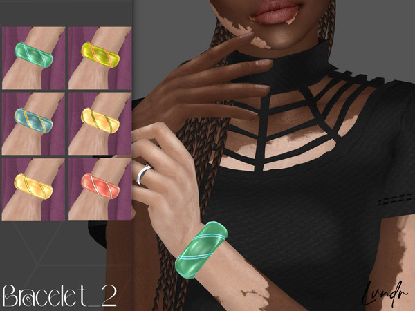 Sims 4 — Bracelet_2 by LVNDRCC — Wide, shiny fabric bracelet with stripes, in shades of blue, yellow, red, green with