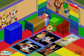 Sims 1 — Rainbow Brite Bedroom by Voakley — Includes: Bed, Dresser, Endtable, Ceiling Lamp, Rugs (4), Chair, Blind, Light