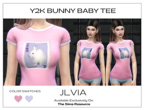 Sims 4 — Y2k Bunny Baby Tee by JLVIA — Super Adorable Pink and Lavender Y2k Baby Tee - Bunny Graphic