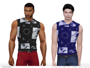 Sims 4 — Kiyoshi - Men's Shirt by CherryBerrySim — Cool sleeveless shirt with moon and abstract graphics for male sims.