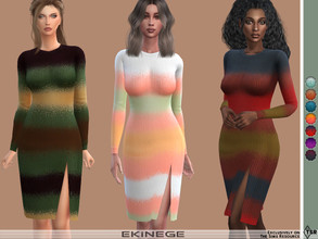 Sims 4 — Striped Rib Knit Dress With Slit by ekinege — A ribbed knit dress featuring a round neckline, long sleeves, leg