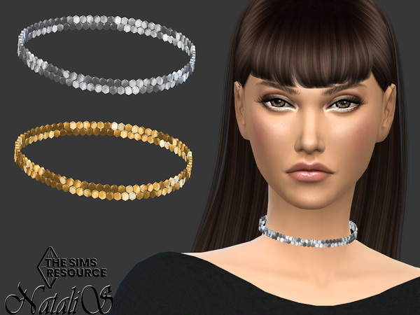 Sims 4 — Metal sequin double choker by Natalis — Metal sequin double choker. 3 metal colors. Female teen-elder. HQ mod