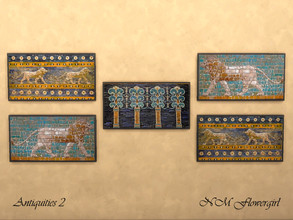 Sims 4 — Antiquities 2 by nmflowergirl — A set of five horizontal rectangular, framed wall decorations depicting scenes