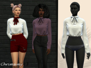 Sims 4 — Tied Top by chrimsimy — A long sleeve blouse with ribbons tied at the top! Available in solid colors and