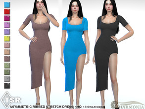 Sims 4 — Asymmetric Ribbed Stretch Dress by Harmonia — New Mesh All Lods 13 Swatches HQ Please do not use my textures.