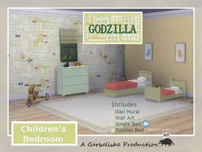 Sims 4 — Godzilla Children's Bedroom by Garbelishe — Godzilla themed children's room. Comes with Wall Mural, Wall Art,