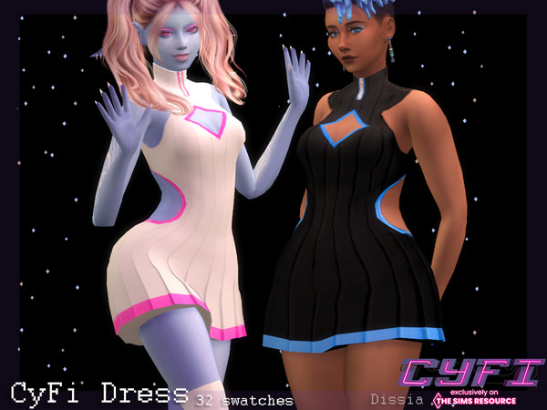 Sims 4 — CyFi - CyFi Dress by Dissia — Futuristic dress with fancy cuts on cleavage and back Available in 32 swatches (16