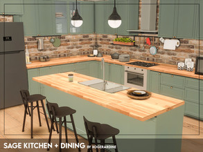 Sims 4 — Sage Kitchen + Dining (TSR only CC) by xogerardine — Open kitchen with an island and dining area.